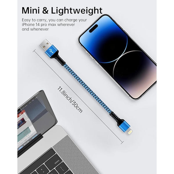 Lyhyt iPhone-latauskaapeli, USB A - Lightning-kaapeli 1FT/2 kpl Punottu pikalatauskaapeli datakaapeli
