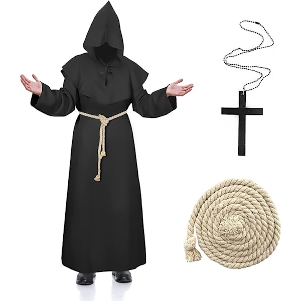 Renæssance Middelalderlig Munk Kostume, Præst Præst Mænds Kostume Middelalderlig Frate Kostume med Hætte og Kors Halskæde München Kostume Halloween black L