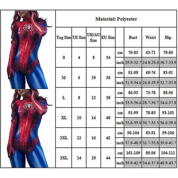 Klassisk Spiderman 3D Bodysuit Kostume Superhelt Jumpsuit til Kvinder Halloween Cosplay Party Dress Up L