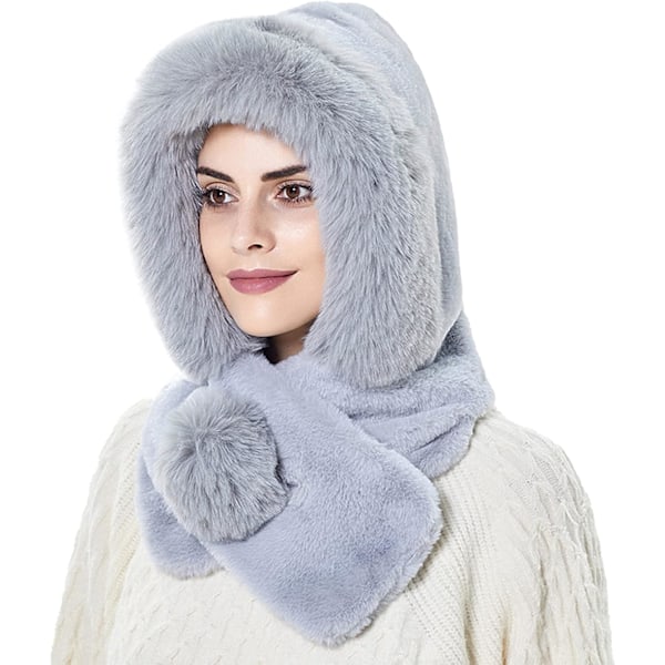 Vinterhette med falsk pels og skjerf for kvinner - En del varm, myk beanie med pompom og knapp, vindtett skikappe Gray