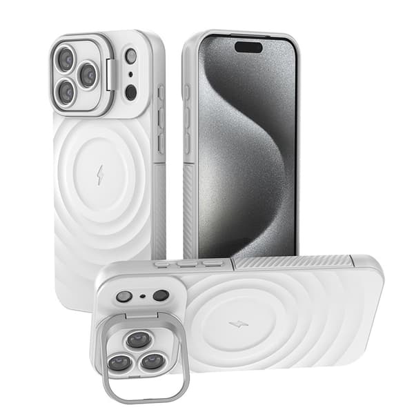 ING iPhone 17 Skal med Ställ, Korrugerad Textur, Fallsäkert, Vit