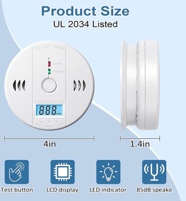 1 styck - Kolmonoxiddetektor - Batteridriven - med digital LED-display - Vit