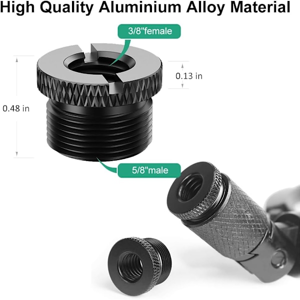 Pakke med 4 mikrofonstativ-skruetilpasninger, aluminiumlegering hann til hunn stativfesteadapter, svart