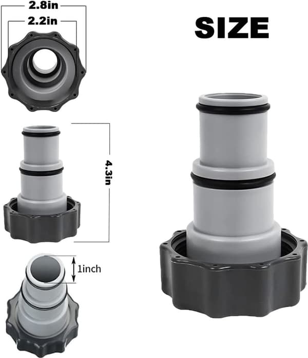 To-delt poolslangefitting, indvendigt gevind, egnet til Intex og HPiano pools.