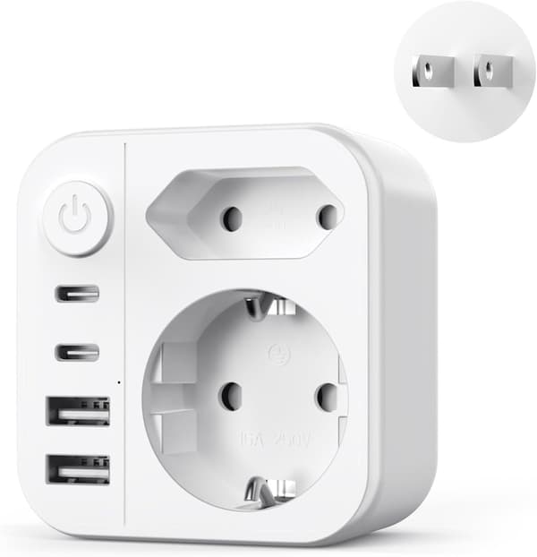 6-i-1 japansk reseadapter, 2500W, 2 USB-C + 2 USB-A, tysk standard till A-typ, universellt kompatibel.