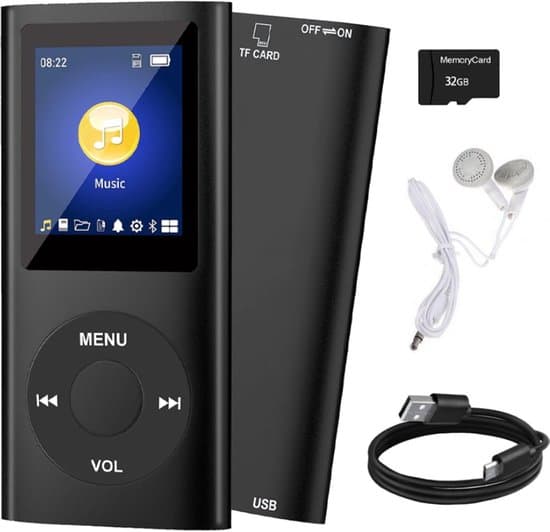 ING MP3-afspiller med Bluetooth - inkluderer 32GB SD-kort - 1,8-tommers digital LCD-skærm - Sort