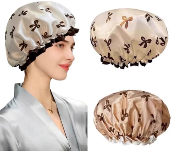 Duschmössa, Badmössa, Återanvändbar Duschmössa, Vattentät Duschmössa, Dubbellagers Duschmössa, Duschmössa med Elastiskt Band, Kvinnor, Dusch, Spa, Salong