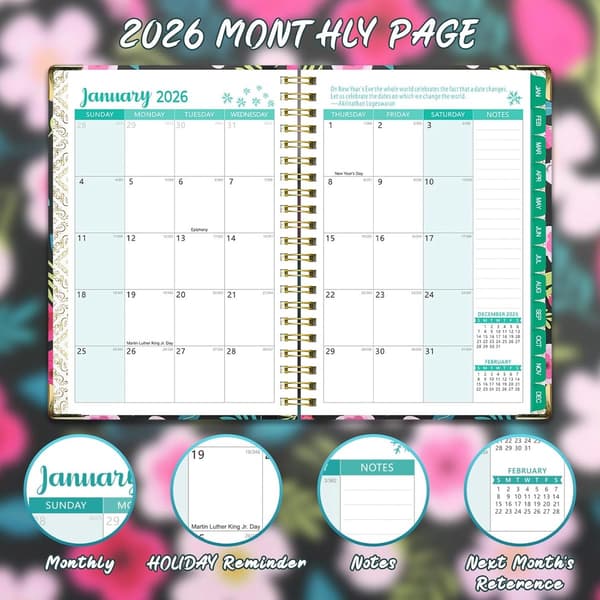 2026A5 Hardcover Planner, Dobbeltbundet, med bogmærker, 21.5×15.8×1.8cm, Lyserøde Blomster