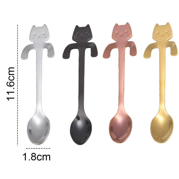4 stk. Katte Kaffe Teskeer - Mini Killing Skeer til Dessert, Kaffe, Te - Rustfrit Stål, 4 Farver