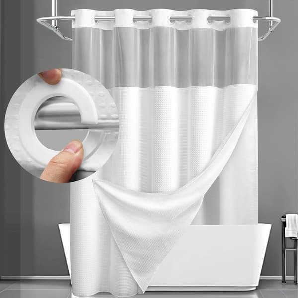 Hookless Duschdraperi i Off-White med Knappar, Tygfoder Set, Hotellfoder Set med Klar Meshfönster Upptill, Maskintvättbar, 71x75 Tum