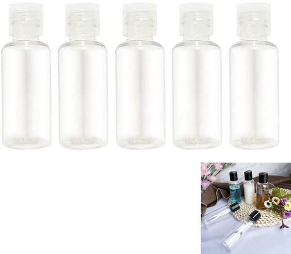 Reseflaskset i resestorlek (5 delar, 100 ml vardera), läckagesäkert, bärbart, transparent.