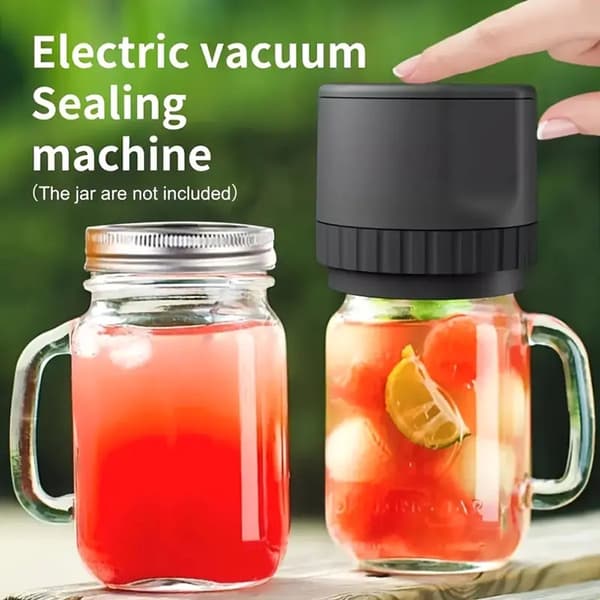 Elektrisk vakuumforsegler til syltetøjsglas, leveres med 10 låg, 2000mAh kapacitet, ABS-materiale, sort.