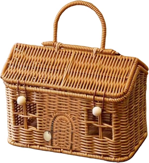 PP-imitert rotting piknikkurv med lokk, 24×14×16cm, husformet, multifunksjonell for oppbevaring og dekorasjon.