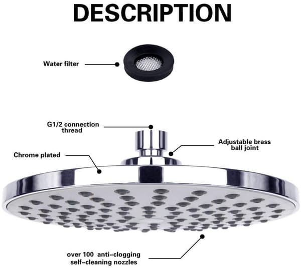 ING Regndusjhode - overliggende dusjhode - 20 cm diameter - regndusjhode - rundt dusjhode - rustfritt stål - vannbesparende dusjhode