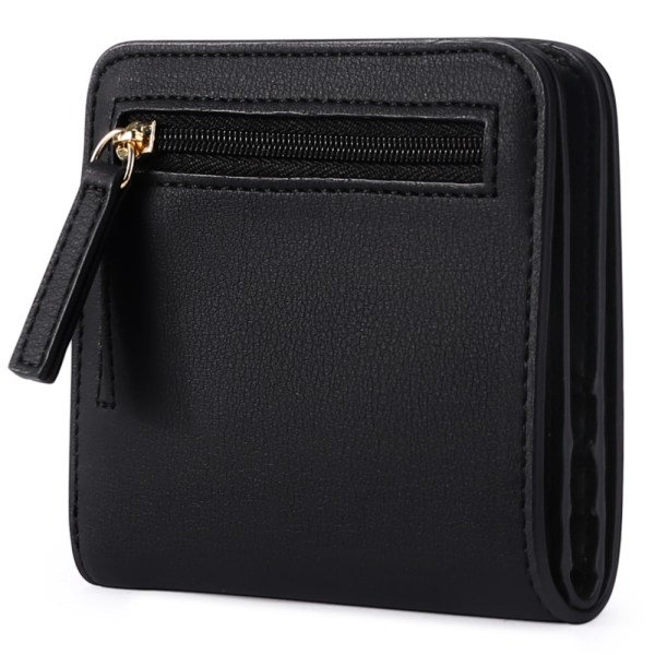 Liten kompakt bifold lyxig äkta läder plånbok dam mini väska med ID-fönster (svart)