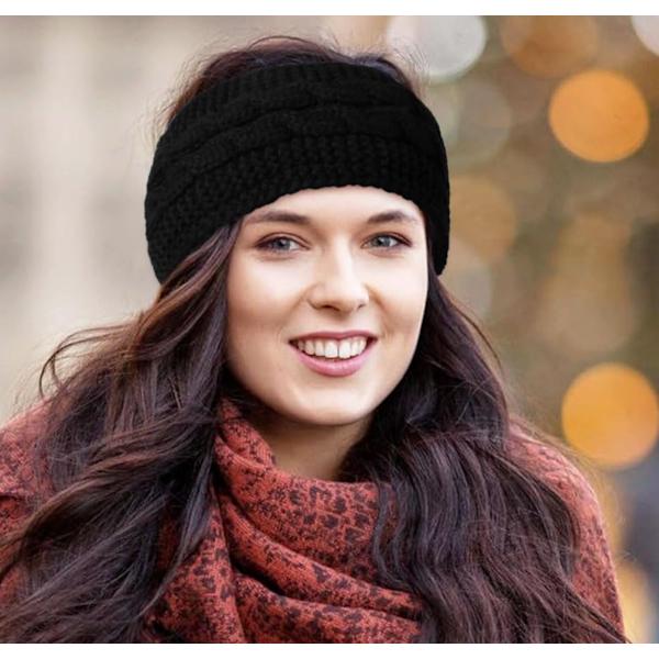 Hårband, 2-pack Vinterstickade Hårband, Lämpliga för Damhår, Bredstickad Öronmuffsfoder, Sammet Fleece Foder, 19*14cm, Svart, Grå