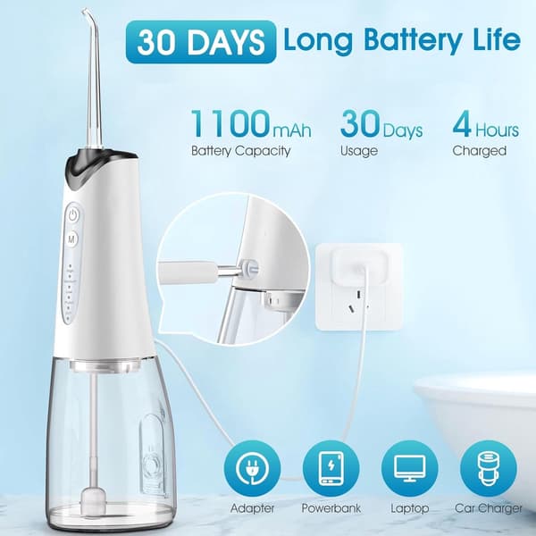 Bærbar trådløs vandflosser, 5 tilstande, 300 ml, 4 dyser, IPX7, USB-C, sort.