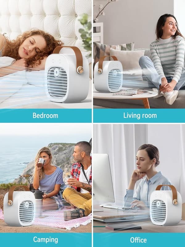 Mini vandkølet luftkøler, genopladelig, tre-trins skrivebordsventilator, hvid.