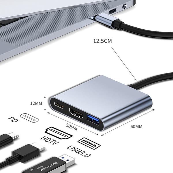 3-i-1 USB-C til HDMI Adapter - USB Dock - 4K HDMI - Multi-Port Adapter - Kompatibel med Android/iOS/Windows