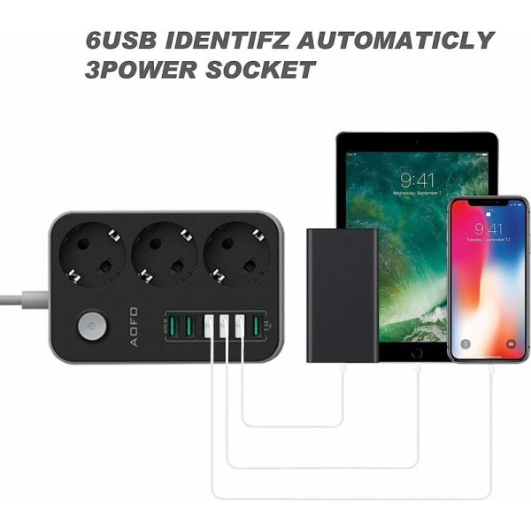 Monitoiminen pistorasia-adapteri 3 kytkettävällä osastolla ja 6 USB:llä (5V/3.4A, 17W), kytkettävällä lapsilukolla ja useilla pistorasioilla