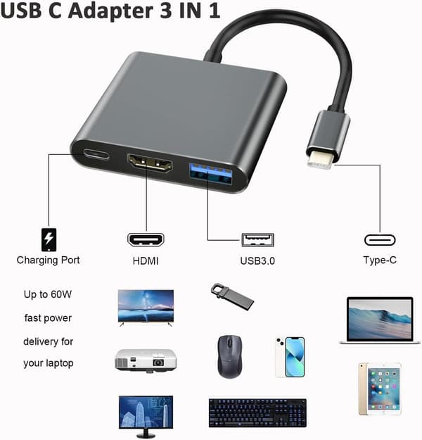 3-i-1 USB-C til HDMI Adapter - USB Dock - 4K HDMI - Multi-Port Adapter - Kompatibel med Android/iOS/Windows