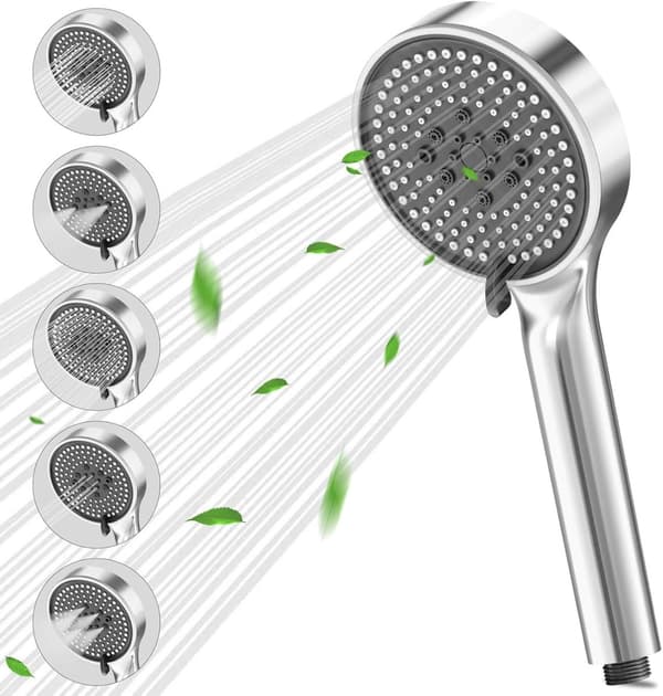 Dusjhode, Dusjhode regndusj, Dusjhode med filter, Høytrykks dusjhode med 5 spraymønstre, rund form