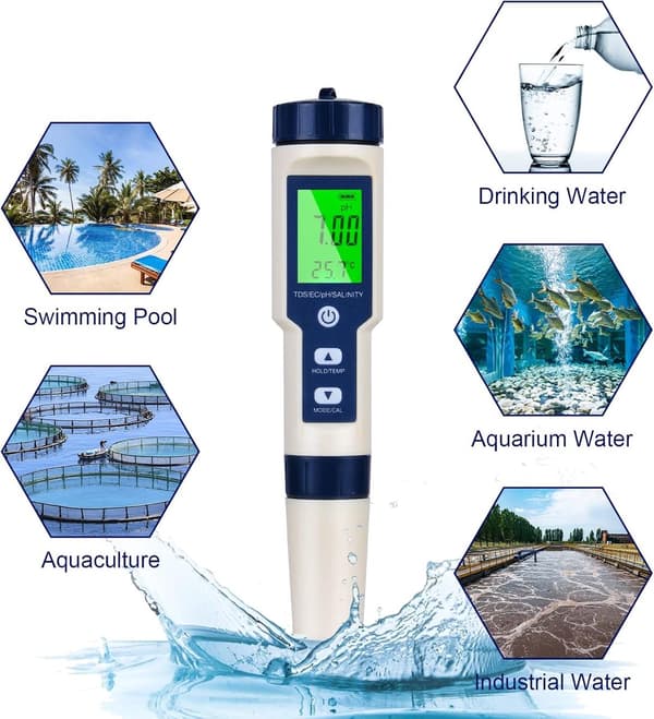 5-i-1 vandkvalitetsanalysator (pH/TDS/EC/salinitet/temperatur), LCD-baggrundsbelysning, velegnet til akvarier, swimmingpools og hydroponik. 1 enhed.