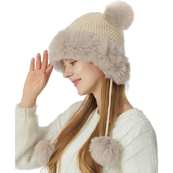 Damhattar Vinter Med Dubbel Pom Pom Söt Rysk Mössa Faux Päls Trendig För Utomhusskidåkning BEIgE Beige