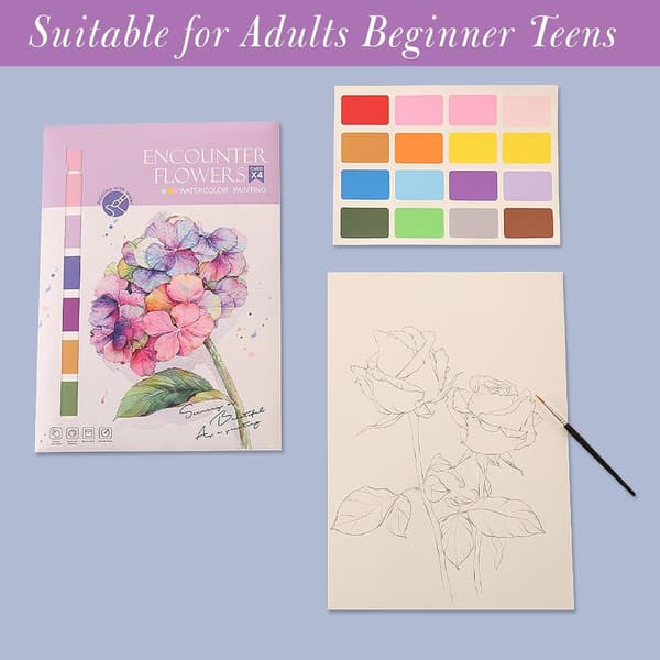 Akvarelsæt til begyndere, inklusive blomsterskitser og pensler, 4 dele.