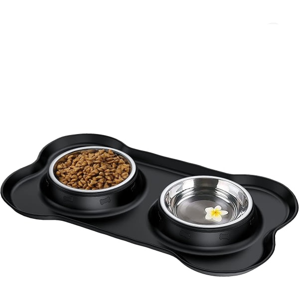 2x170 ml Small cat and dog bowl, stainless steel, non-slip Anti-overflow and anti-spill bowl, stainless steel double bowl with silicone mat