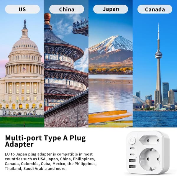 6-i-1 japansk rejseadapter, 2500W, 2 USB-C + 2 USB-A, tysk standard til A-type, universelt kompatibel.