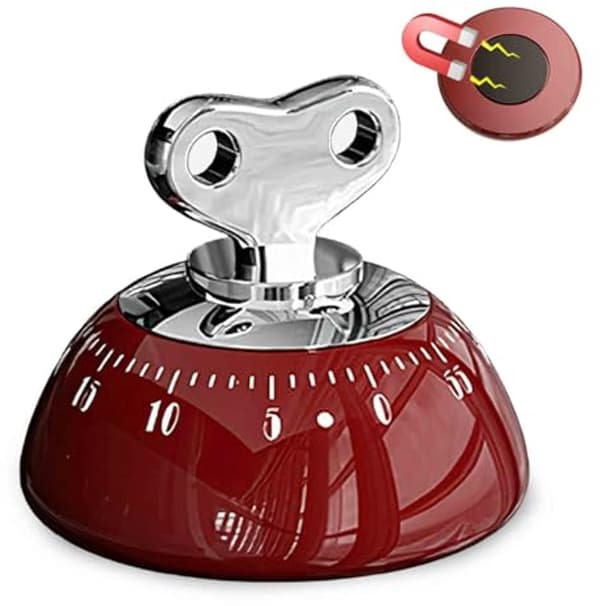 Mekanisk kjøkkentimer for 60 minutter, magnetisk bakplate, ingen batterier nødvendig, matlagingslæring, rød.