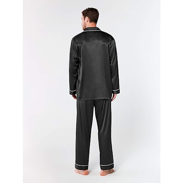 Herre Satin Pyjamas, Kortærmet Pyjamassæt med Knapper og Lommer, Sort l Black