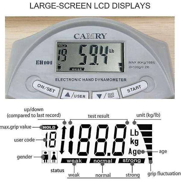 Camry Digital Håndstyrke Tester Dynamometer Automatisk Registrering 90 kg/200 lbs 19,5*12,5*3m (Grå)fonepro