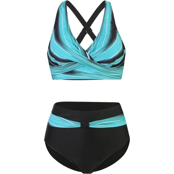 Todelt badedrakt for kvinner, V-hals, kryss-kryss blomstermønster bikini, badetøy, magekontroll bikinisett BLUE XL