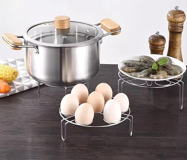 Dampstativ for egg i rustfritt stål (2-delt sett), multifunksjonelt dampstativ for trykkokere og kjeler, sølv.