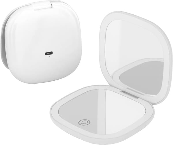 5x förstorande uppladdningsbar sminkspegel (vit), 3-färgs ljus, touchkontroll, USB-C, resevänlig.