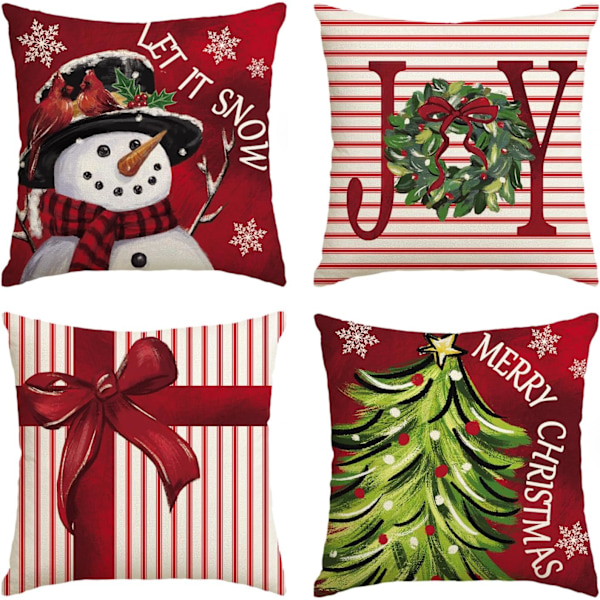 Set of 4 Merry Christmas Throw Pillow Covers, Let It Snow Joy Stripes Gift Box Red, Xmas Tree Holiday Cushion Case Decor for Sofa Couch (20x20 Inch)