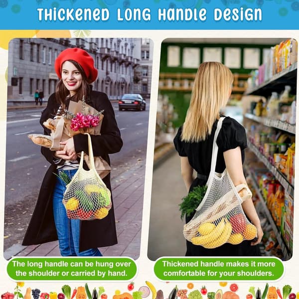 Sett med 3 bomullsnettposer - 35x35cm - Handlenett - Lange håndtak - Gjenbrukbart og vaskbart - Handlepose - Nettingpose - Retro - Bærekraftig - Beige