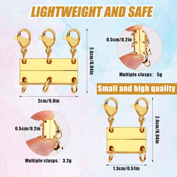 2-pakks magnetisk gull halskjede lås for lagdeling med hummerlås, flerstrengslås for lagdelte halskjeder, armbånd, ankelkjeder