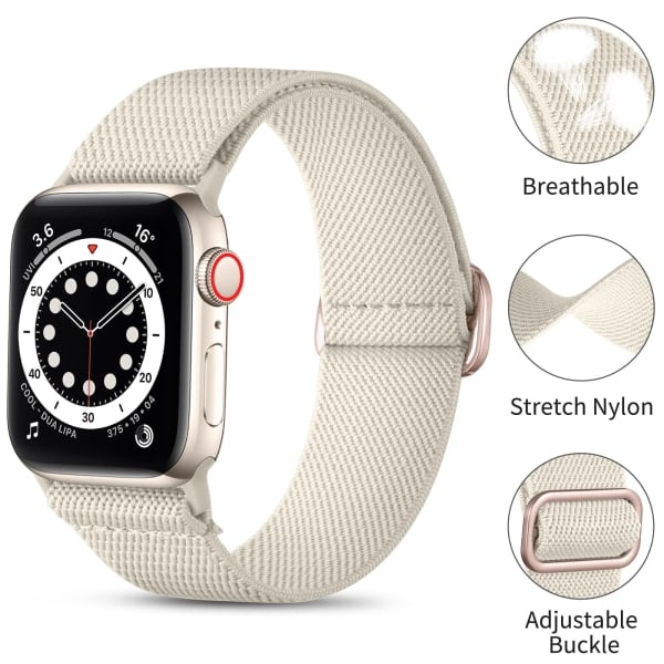 Säädettävä venyvä nylonpunottu urheilunauha iWatch SE -sarjalle 8/7/6/5/4/3/2/1, 38 mm/40 mm/41 mm, Starlight