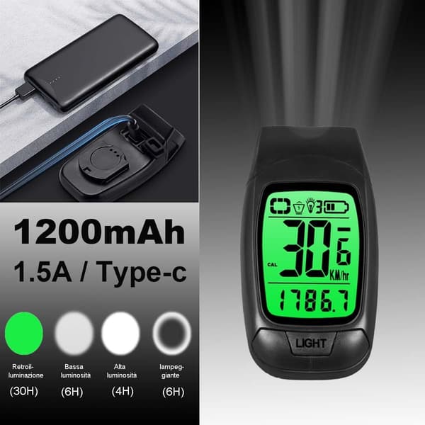 3-i-1 sykkelsett: frontlys + speedometer + ringeklokke, IPX5 vanntett, oppladbart.