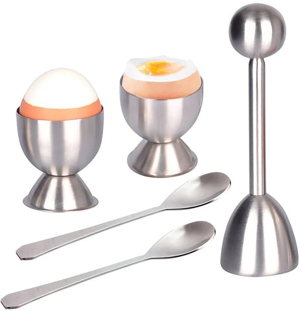 5-delt eggåpnersett i rustfritt stål, inkluderer en skje og eggekopp for håndtering av bløtkokte og hardkokte egg, sølv.