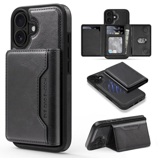 iPhone 16 Plus Telefoncover, Multifunktionelt Kortholder Telefoncover, Sort