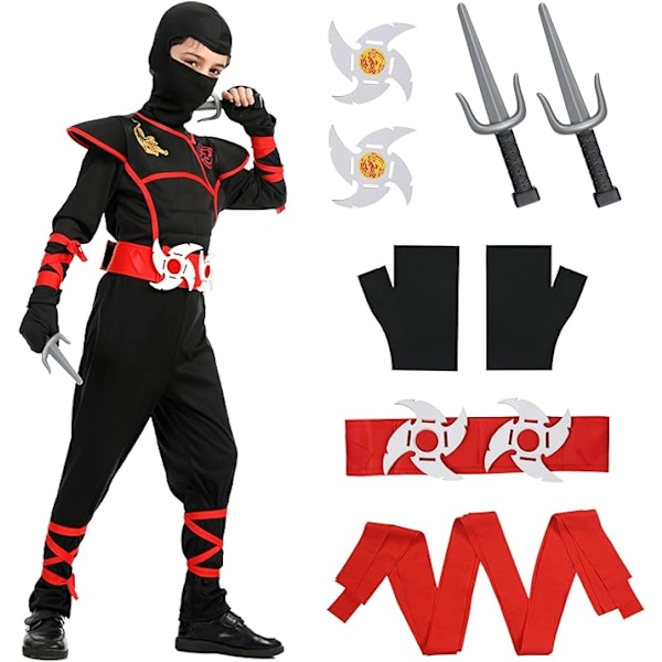 Ninja-kostyme, Barn Halloween Ninja Fint Kleskostyme med Ninja-tilbehør, Kriger Ninja Muskelkostyme for Gutter og Jenter XL