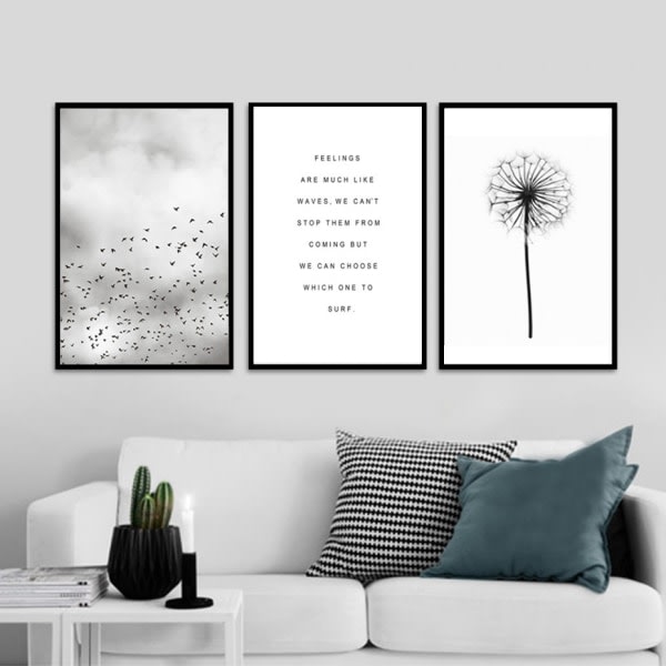 Birds and Dandelions Wall Art Canvas Print Poster, Simple Fashion Black and White Art Drawing Decor (Set of 3 Unframed, 16'x20')