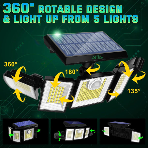 Solcellslampor utomhus vattentät rörelsesensor 300 LED superljus 3 ljusstyrka 3 lägen 360° belysning 32 fot - 1 förpackning
