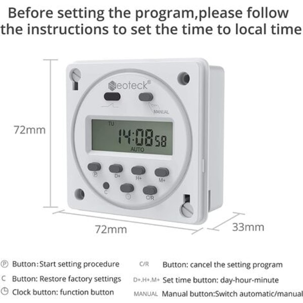 12V 16A Programmerbar Timer, Digital Uttag med 16 Program, LCD-Skärm, Stöldskyddsfunktion