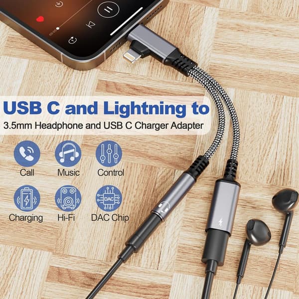 2-i-1 USB-C & Lightning til 3,5 mm hovedtelefonadapter med opladningsport, egnet til iPhone 15/14/13/12/11, Android, iPad, bærbar computer, MacBook