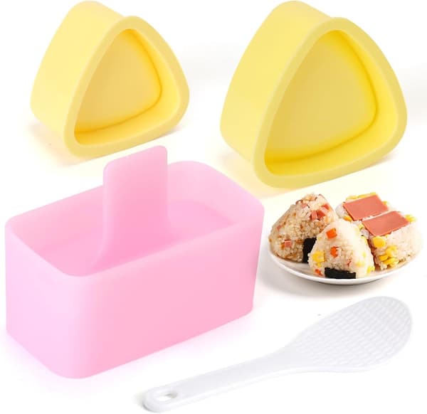 Triangelformad risbolls- och sushiform 2-delat set, bento-låda sjögräs DIY, vit och rosa.
